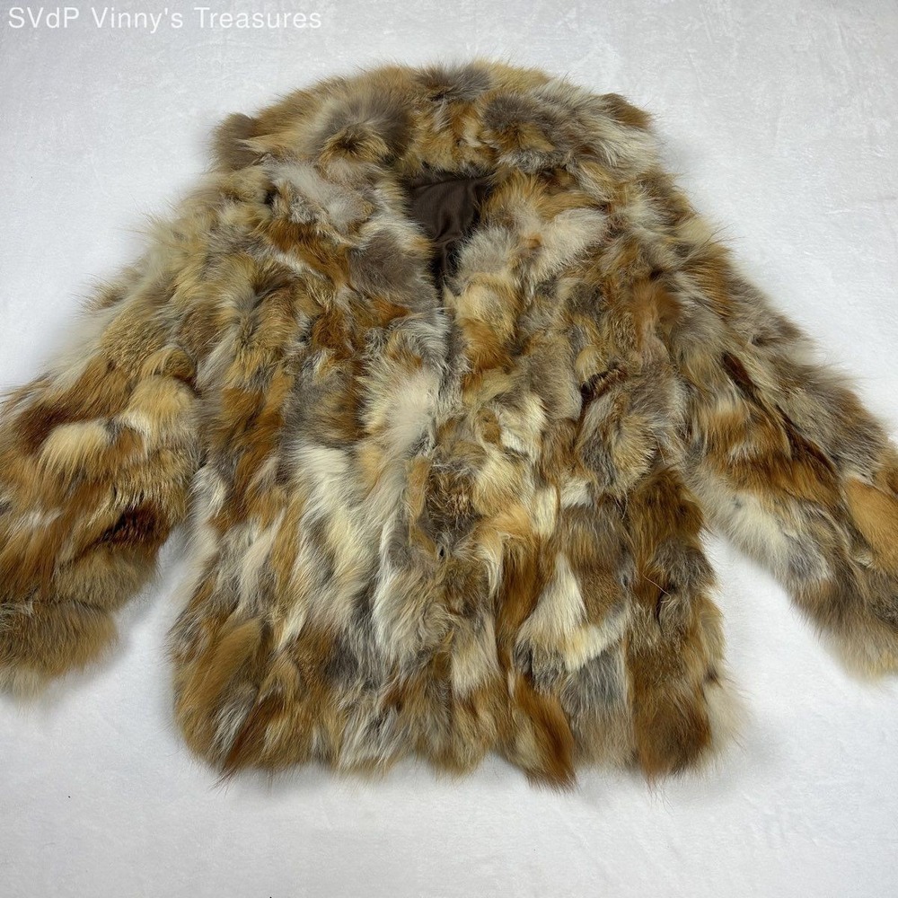 Vintage 80s Women's Handmade Multicolor Plush Fox Fur Jacket Coat